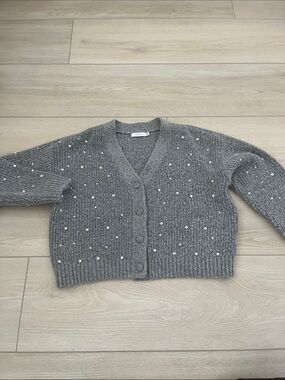 Lush Grey Pearl-Embellished V-Neck Button Cardigan